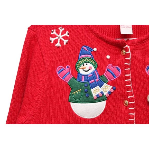 Vintage 90s Cardigan Sweater Small Petite Colorful Snowman Holiday Winter Ramie - Picture 6 of 11